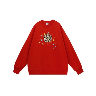 PCMY长袖情侣款宽松圆领红色卫衣