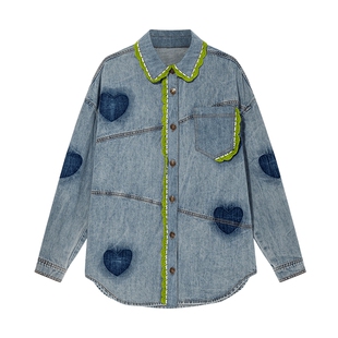 Desigual水洗爱心阴影牛仔拼接钩针花边宽松女士衬衫