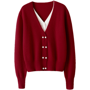 暖奢享受！假两件100%纯山羊绒开衫女纯羊绒毛衣针织开衫外套秋冬