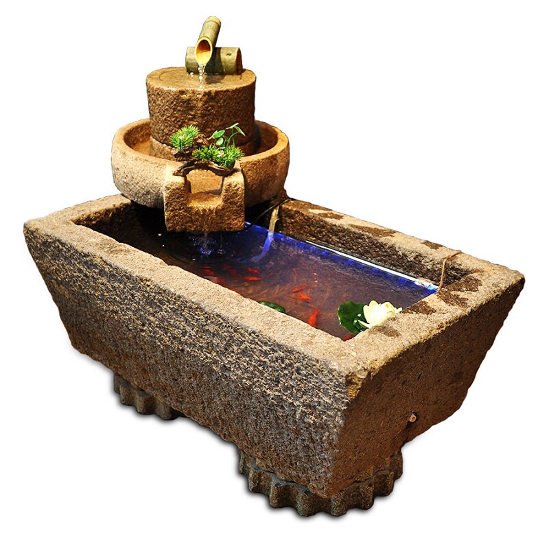 老石槽鱼缸流水摆件组合户外石头鱼缸庭院青石旧石器花盆石盆水槽