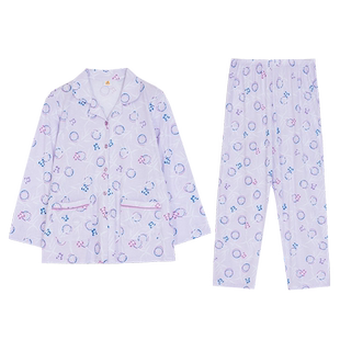 铜牛汗布长袖开襟翻领印花女套春夏睡衣家居服套装VJ114