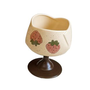 复古涂鸦水果花朵图案陶瓷杯创意高脚甜品果汁杯高颜值水杯酸奶杯