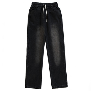 烦恼的Octopusl美式水洗做旧黄泥直筒牛仔裤三条杠复古宽松长裤男