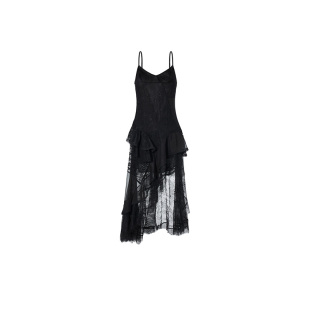 【明星同款】LEDIM WANG拼贴蕾丝吊带连衣裙女26春夏新款黑色长裙