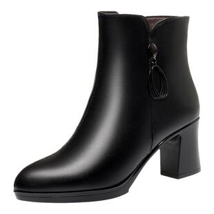 全牛皮高跟短靴2025新款秋冬加绒中年女靴子粗跟羊毛真皮妈妈棉鞋