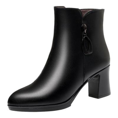 全牛皮高跟短靴秋冬加绒中年女靴