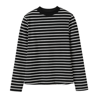 黑白条纹长袖t恤女春秋2025年新款修身显瘦半高领纯棉针织打底衫