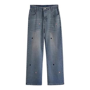 300斤特大码刺绣直筒牛仔裤女秋季200胖mm高腰加肥宽松百搭阔腿裤