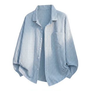 FEI OREETA男春款长袖衬衫小格纹宽松休闲衬衣miu系风上衣外套