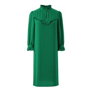 颜域荷叶边立领连衣裙女春装2026新款宽松气质优雅九分袖女士裙子