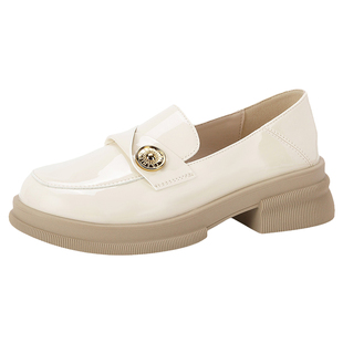 大东法式乐福鞋女2026新款春季女鞋漆皮单鞋米色圆头厚底小皮鞋女