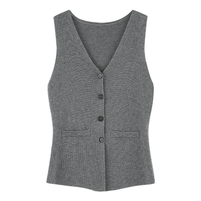 pusumede 灰色复古v领针织马甲女开衫高级感坎肩无袖修身背心上衣