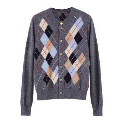 100美利奴羊毛精纺菱格毛衣开衫