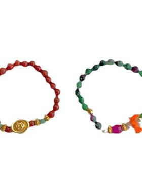 925银元宝南红红绿石串珠戒指女