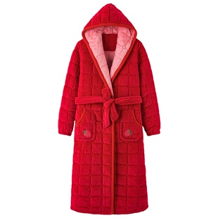 浪莎珊瑚绒夹棉睡袍女三层加厚长款保暖大红色睡衣冬季本命年浴袍