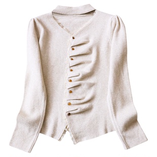 纯色捏褶纽扣显瘦修身镂空挂脖领内搭打底衫长袖百搭女装毛衣Q082