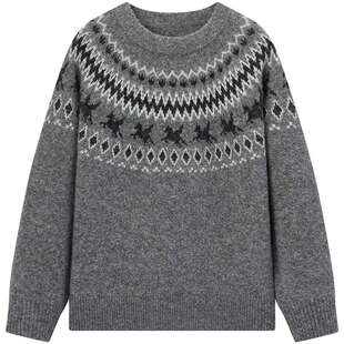 爱居兔复古提花针织衫2025年冬季新款女慵懒廓形艺术感毛衣