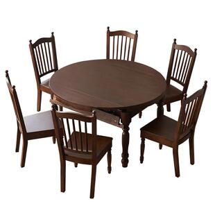 全友家居美式复古实木餐桌可变圆桌中古风客厅家用伸缩饭桌椅组合