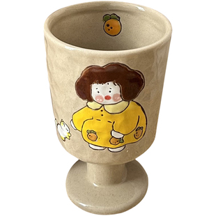 复古日式粗陶马克杯高脚杯卡通盘手绘咖啡杯下午茶杯早餐牛奶杯子