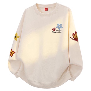 查尔斯桃心美式花卉蝴蝶印花卫衣男圆领春秋季新款百搭情侣上衣潮