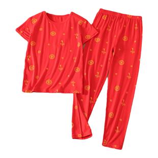 儿童本命年内衣套装莫代尔男童大红色睡衣短袖长裤马年家居服12岁