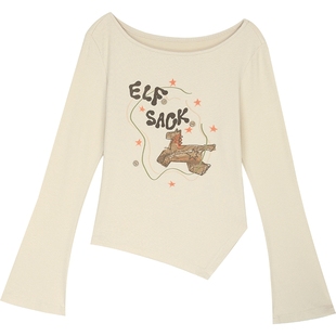 妖精的口袋不规则米白色印花长袖t恤女2026早春新款修身薄款上衣