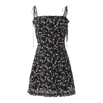 黑色显瘦法式碎花吊带连衣裙