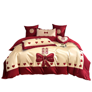 全棉年轻人结婚2米x2米2大床四件套床笠款婚房红色系结婚日常可用