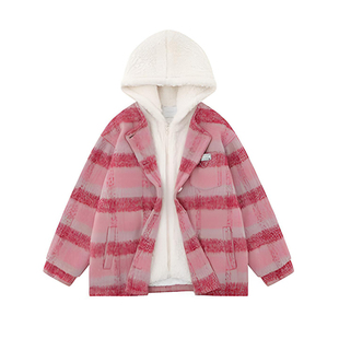 大码甜美风粉色格纹假两件连帽棉服女秋冬胖mm保暖加厚高级感外套