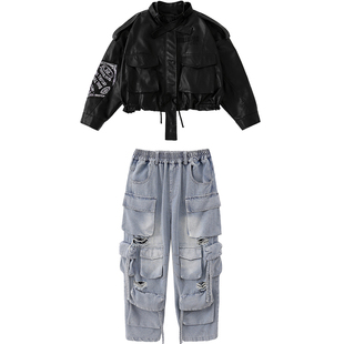 潮童嘻哈工装牛仔裤机车风街舞套装男童HIPHOP摇滚风架子鼓演出服