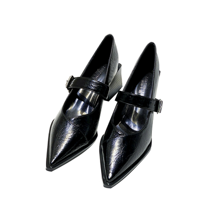 真皮欧洲站英伦风粗跟玛丽珍单鞋