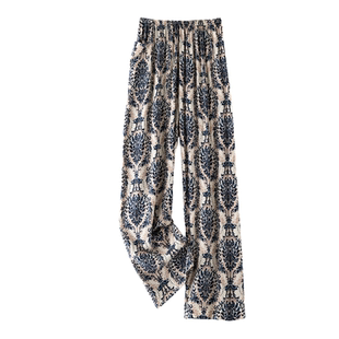 夏季薄款大码宽松口袋棉绸睡裤女士人造绵绸家居长裤子直筒可外穿