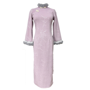 织羽新中式改良旗袍2025新款冬季加绒加厚紫色气质优雅保暖女冬装