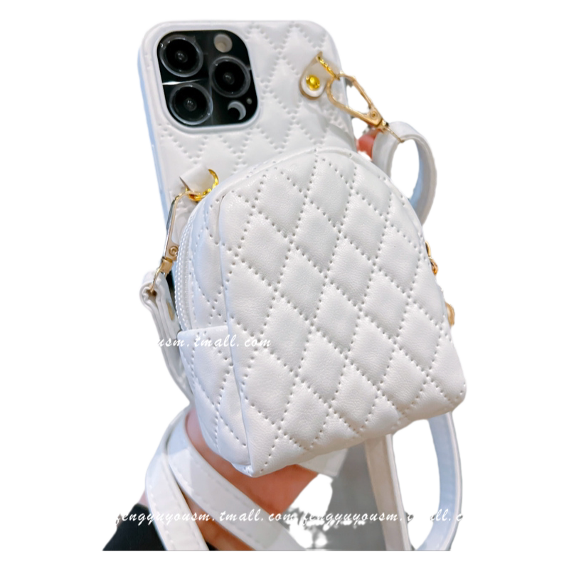 奢华高级感皮质菱格适用iPhone15promax手机壳苹果16promax斜挎绳12pro小香风13零钱收纳耳机卡包1