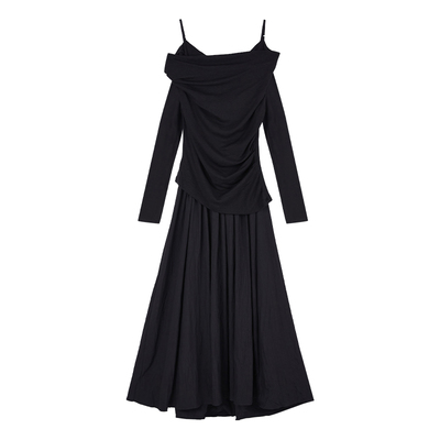 辣妹风露肩吊带收腰大摆小黑裙