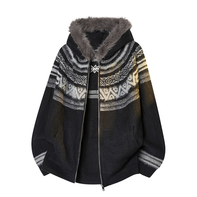 费尔岛毛领连帽针织毛衣外套男女