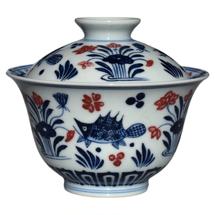 观颐斋青花釉里红鱼藻纹盖碗陶瓷茶具青花瓷手绘景德镇陶瓷泡茶碗
