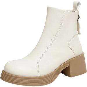 天美意厚底英伦切尔西奶皮靴女鞋子加绒复古短靴皮靴冬季新款