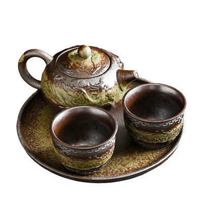 窑变绿龙凤壶功夫茶具一壶二杯