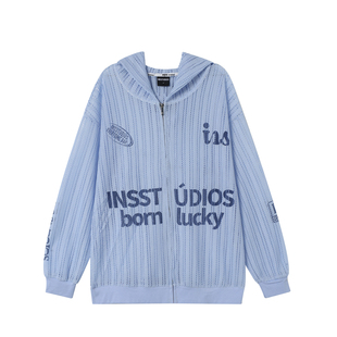 INSstudios 国潮情侣「镂空针织凉感防晒罩衫」夏季宽松连帽长袖