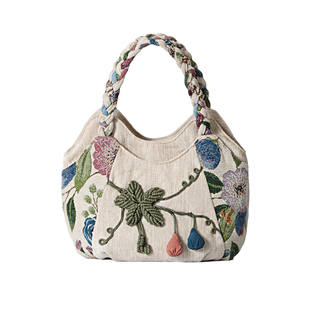 民族风手工编织帆布包多隔层手提包休闲风多夹层手拎袋拉链女布包