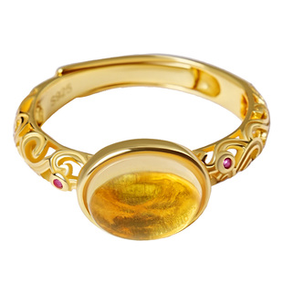 宫里上新黄水晶戒指女天然水晶宝石戒指纯银复古高级感生日礼物