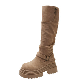 厚底增高绒面长筒靴子女2025年秋季新款西部牛仔不过膝高筒骑士靴