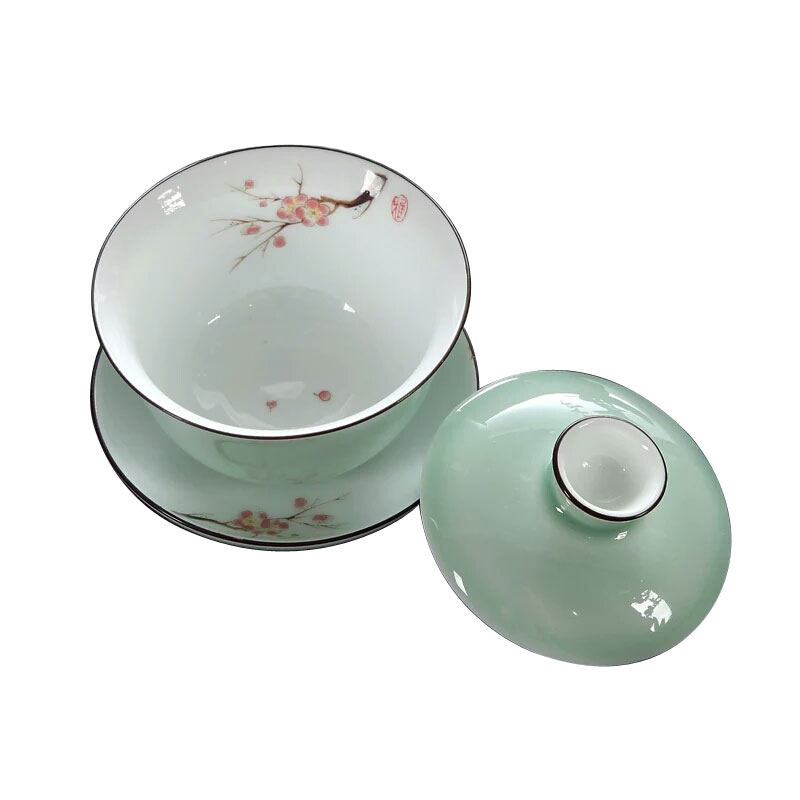 潮汕功夫茶具套装家用现代简约小套  青瓷淡雅梅花茶壶盖碗茶杯
