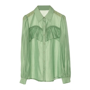 【清仓价】Dekashell/迪卡轩2024上衣女款减龄洋气衬衫薄荷绿衬衣
