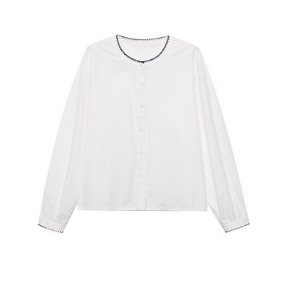 早春撞色刺绣宽松长袖衬衫