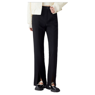 古木夕羊简约黑色直筒开叉休闲裤女气质设计感修身长裤GS41014005