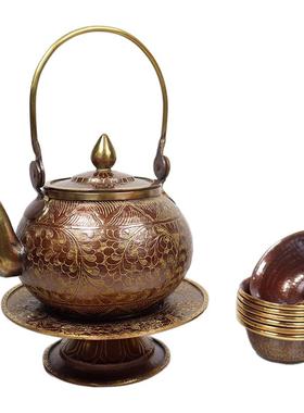 家用紫铜茶壶套装尼泊尔手工雕花进口酥油壶茶具托盘水杯全套摆件