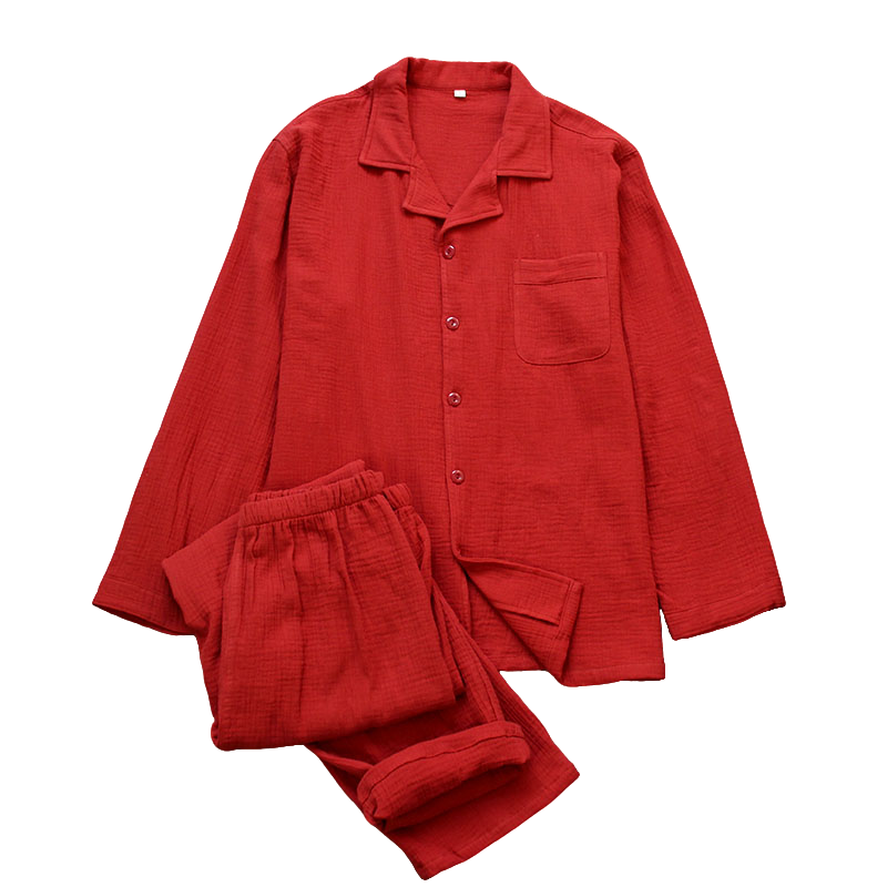 男士结婚睡衣纯棉双层绉布棉纱红色睡眠服本命年家居服套装长袖