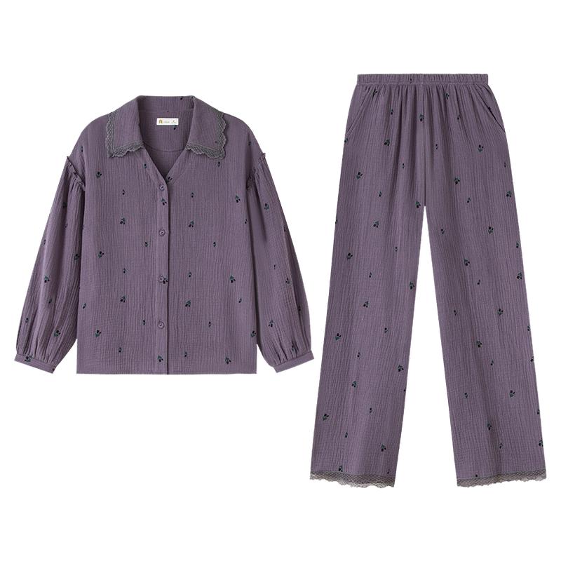 妮狄娅睡衣女春季纯棉纱布长袖开衫甜美法式田园风春秋家居服套装